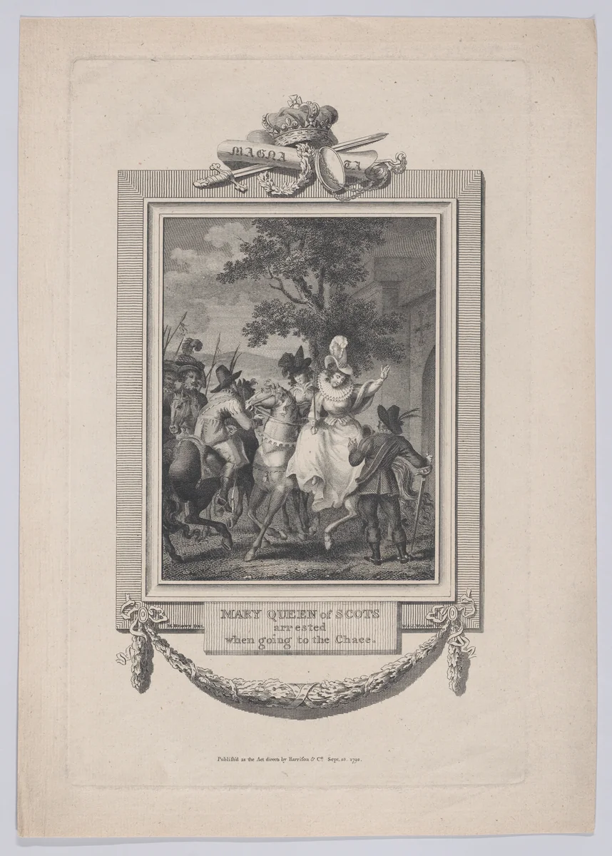 Mary, Queen of Scots arrested by the Earl of Bothwell by John Walker, print, 1792