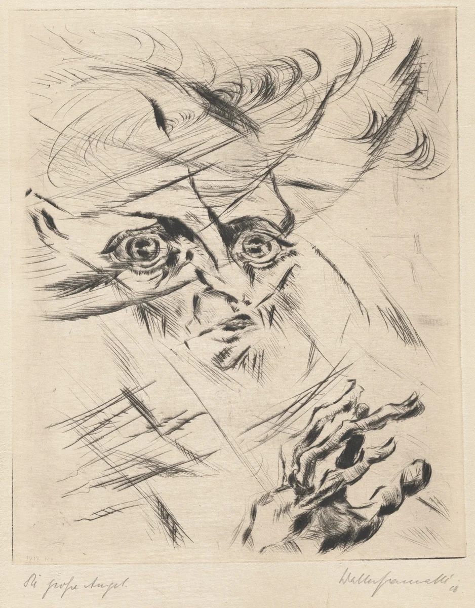 The Great Anxiety (Self-Portrait, in Three-Quarter Profile to the Right) (Die große Angst [Selbstportrat, Kopf im Halbprofil nach rechts]) by Walter Gramatté, print, 1918