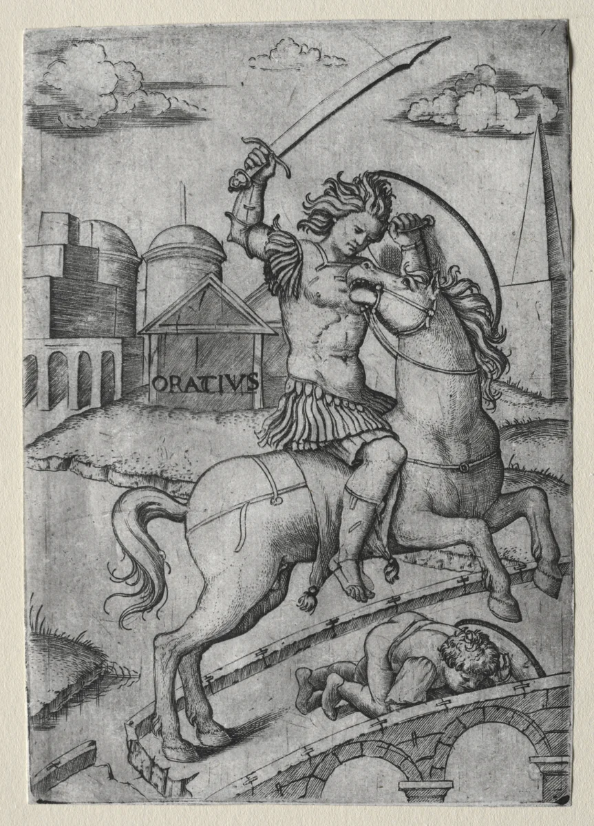 Horatius Cocles Defending the Sublician Bridge by Marcantonio Raimondi, print, 1510-1527