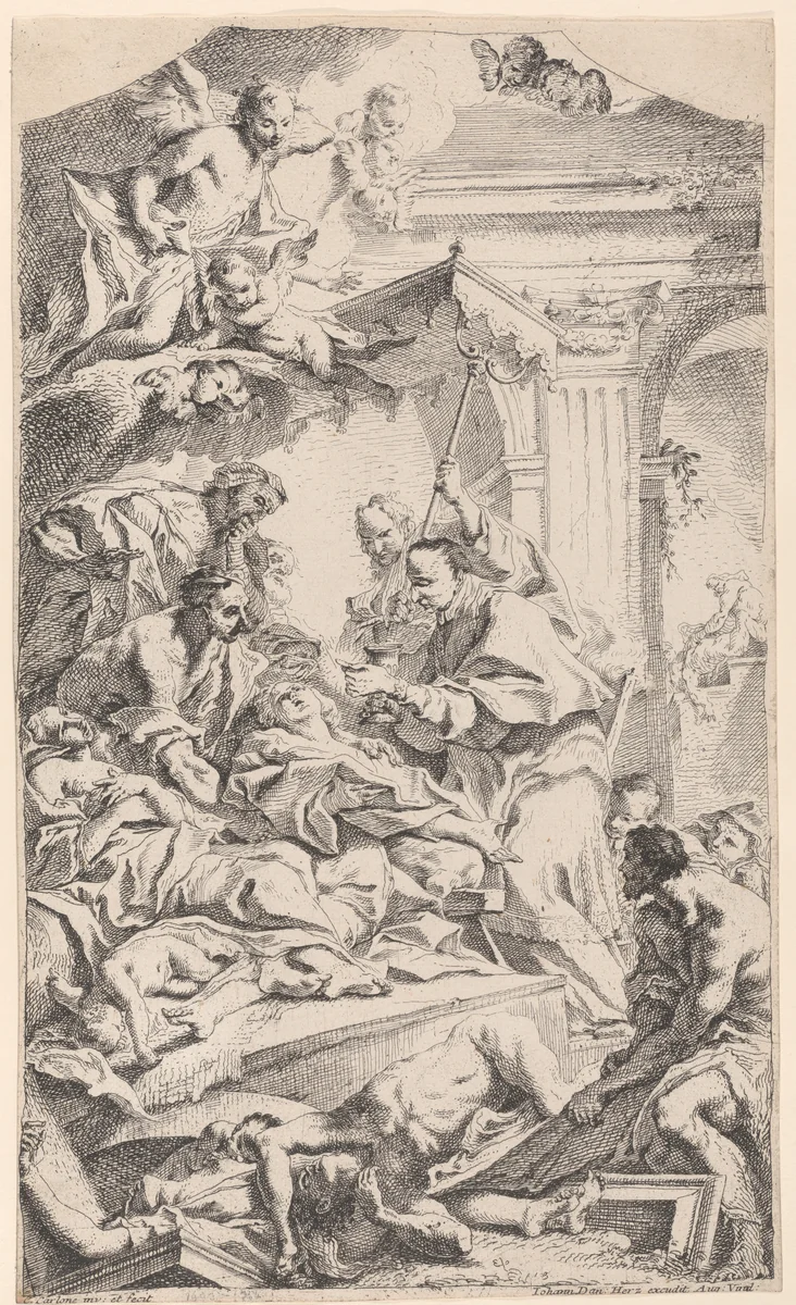 Saint Charles giving communion to the plague-stricken by Carlo Innocenzo Carloni, print, 1725-1775