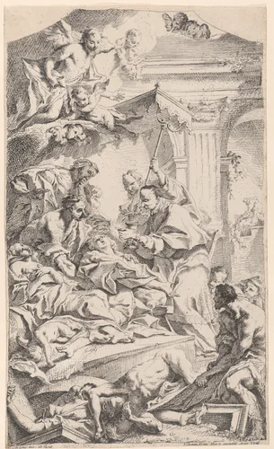 Saint Charles giving communion to the plague-stricken by Carlo Innocenzo Carloni, print, 1725-1775