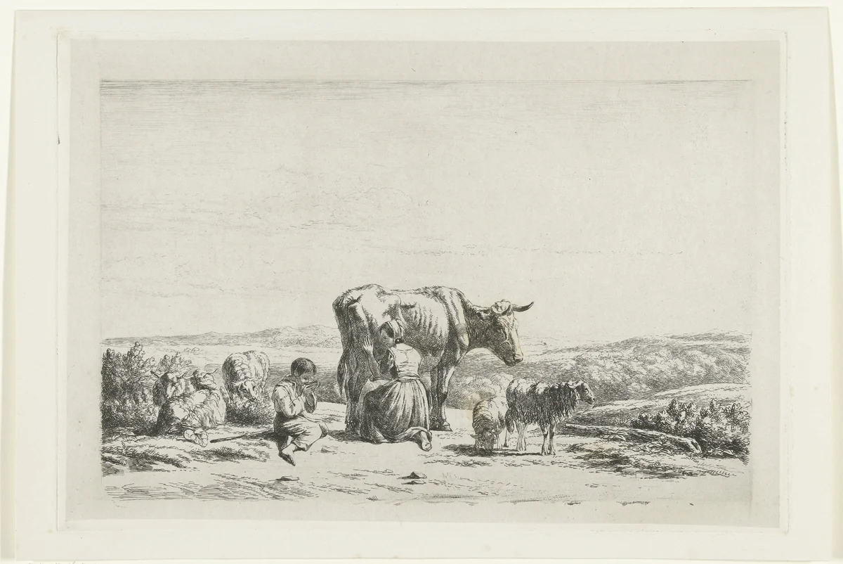 Landschap met vrouw die koe melkt en jongen met schapen by Simon van den Berg, print, 1822-1891