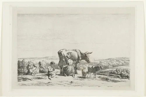 Landschap met vrouw die koe melkt en jongen met schapen by Simon van den Berg, print, 1822-1891