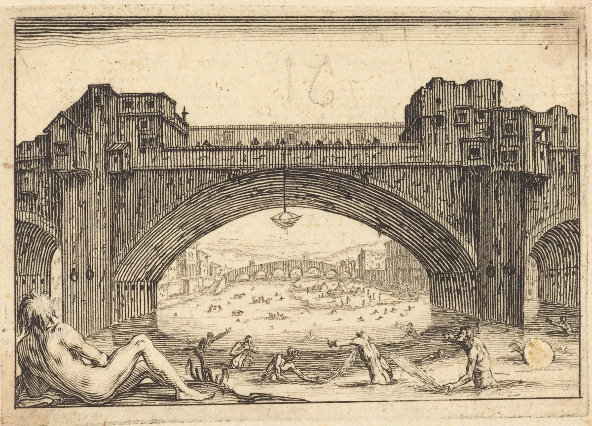 Ponte Vecchio, Florence by Jacques Callot, print, 1617