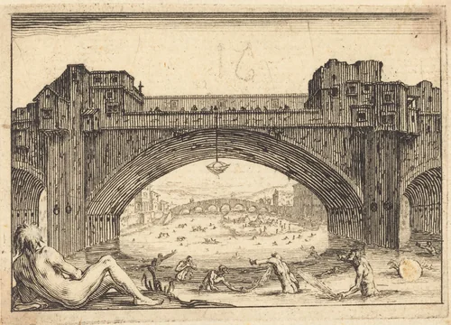 Ponte Vecchio, Florence by Jacques Callot, print, 1617