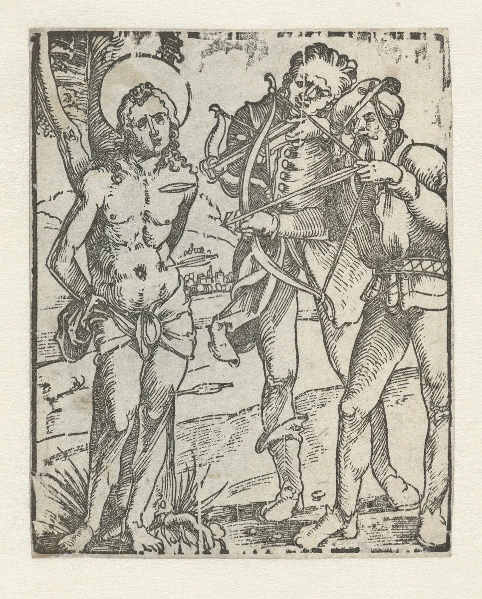 Sebastiaan wordt beschoten met pijlen door beulen by Unknown, print, 1505-1509