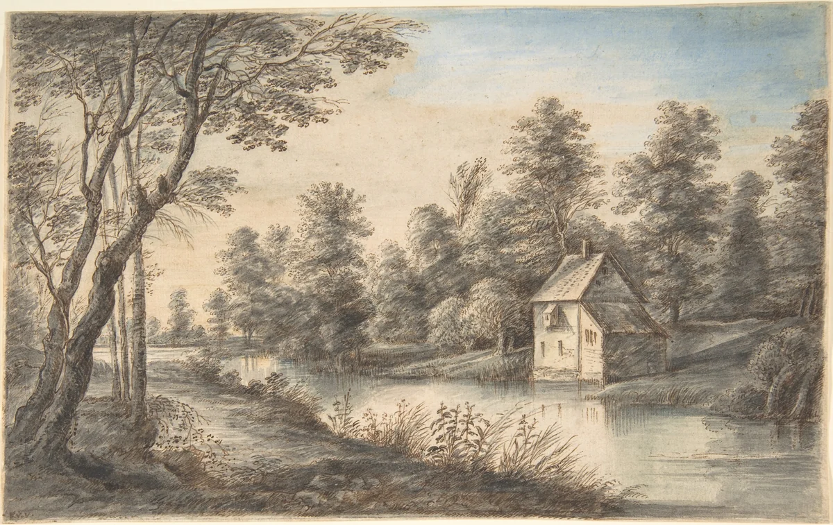 Wooded Landscape with a House beside a River by Lucas van Uden, drawing, 1605-1673