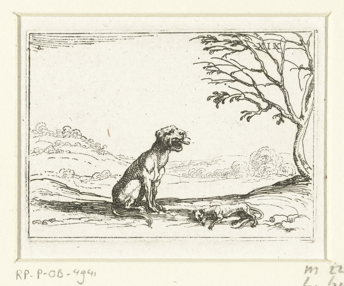 Een leeuwin brult bij haar levenloze welp by Jacques Callot, print, 1625-1629