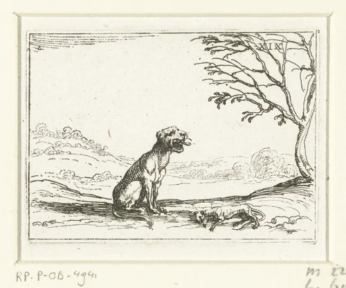 Een leeuwin brult bij haar levenloze welp by Jacques Callot, print, 1625-1629