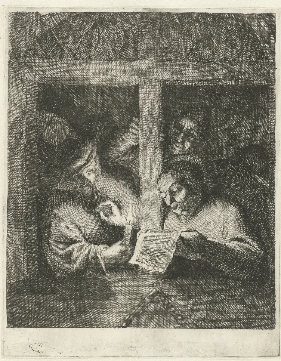 Drie mannen zingen van blad papier bij kaarslicht in open raam by Adriaen van Ostade, print, 1666-1670
