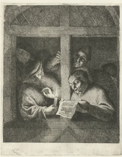 Drie mannen zingen van blad papier bij kaarslicht in open raam by Adriaen van Ostade, print, 1666-1670