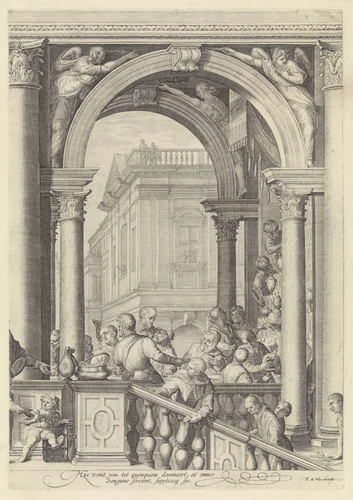 Christus aan de maaltijd in het huis van Levi de Tollenaar (plaat 3) by Jan Saenredam, print, 1639-1706