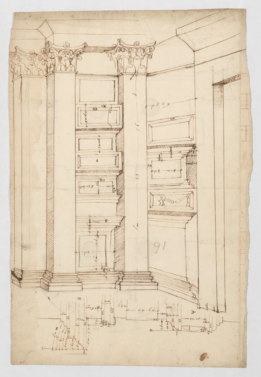 Pantheon, vestibule, perspective; panel moulding, profiles (recto) Pantheon, rectangular niche, plan; half round niche, plan (verso) by anonymous, drawing, 1500-1560