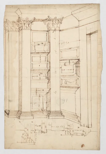 Pantheon, vestibule, perspective; panel moulding, profiles (recto) Pantheon, rectangular niche, plan; half round niche, plan (verso) by anonymous, drawing, 1500-1560