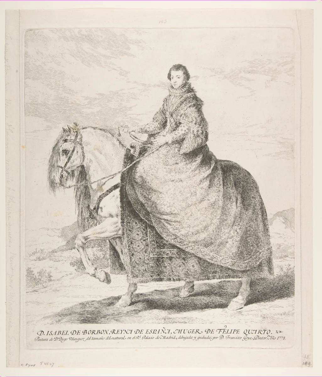 Isabel de Bourbon on horseback, after Velázquez by Goya, print, 1778