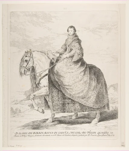 Isabel de Bourbon on horseback, after Velázquez by Goya, print, 1778