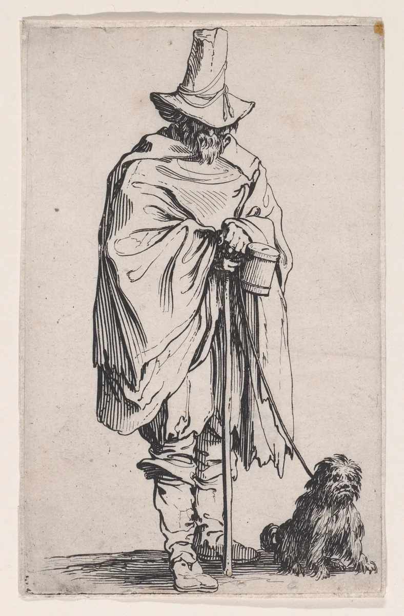 L'Aveugle et son Chien (The Beggar and his Dog), from "Les Gueux suite appelée aussi Les Mendiants, Les Baroni, ou Les Barons" (The Beggars, also called the Barons) by Jacques Callot, print, 1618-1628