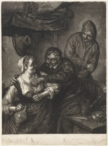 Herbergscène met drie figuren bij een haard by Pieter Schenk, print, 1670-1713