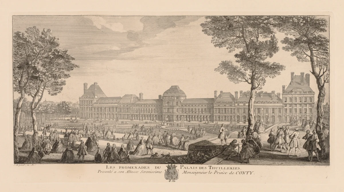 Promenades of the Palais des Tuileries by Jacques Rigaud, print, 1720-1729