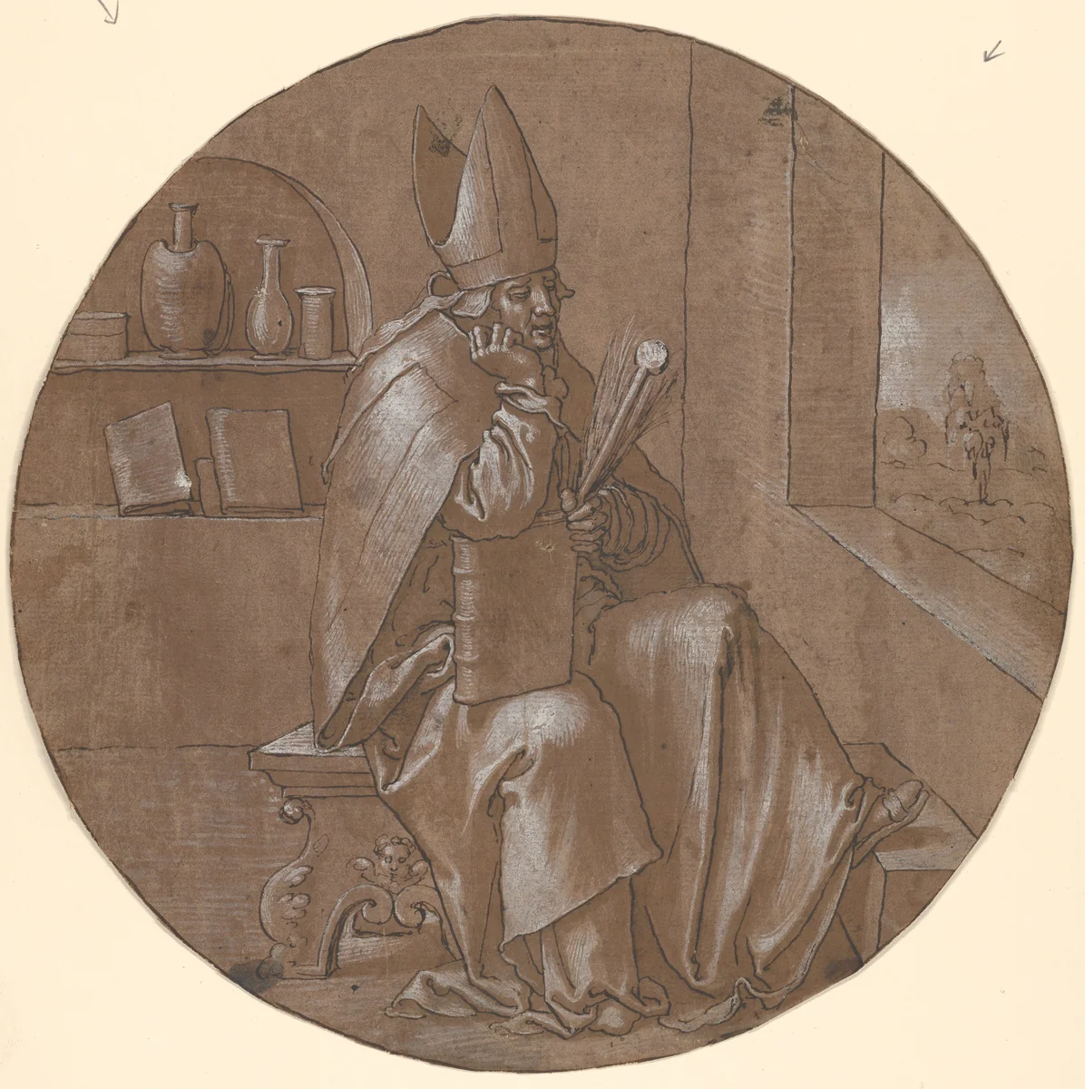 Saint Ambrose Seated in an Interior by anonymous, drawing, 1520-1540