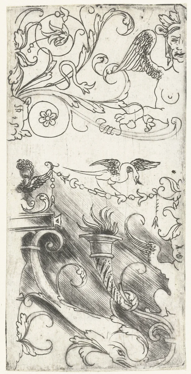 Ornament met brandende fakkel en grotesken by Meester van 1515, print, 1500-1548