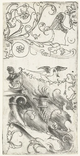 Ornament met brandende fakkel en grotesken by Meester van 1515, print, 1500-1548