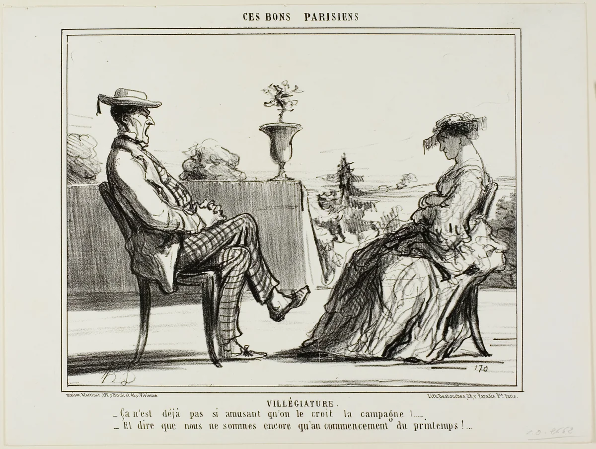 Holiday in the Country. “- Life in the country really isn't all that entertaining, as they all say. - And to think that spring has only just begun,” plate 14 from Ces Bons Parisiens by Honoré-Victorin Daumier, print, 1858