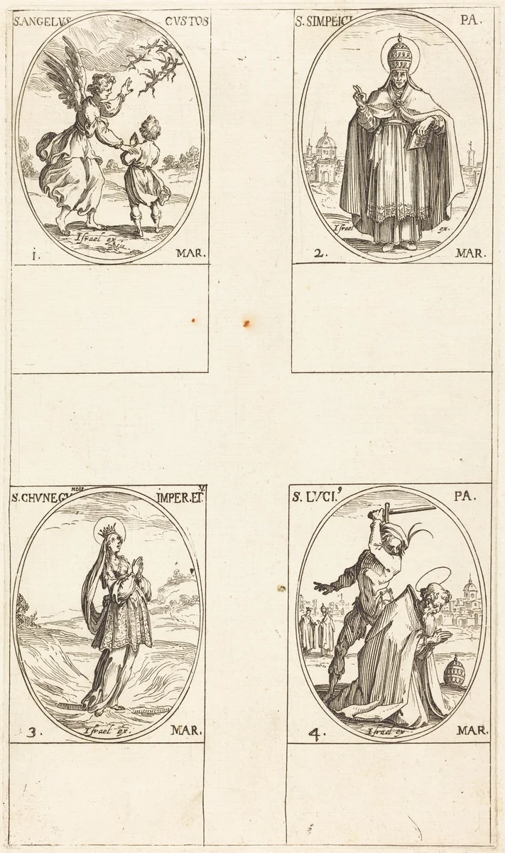 The Guardian Angel; St. Simplici; St. Cunegundes; St. Luci by Jacques Callot, print, 1627-1637