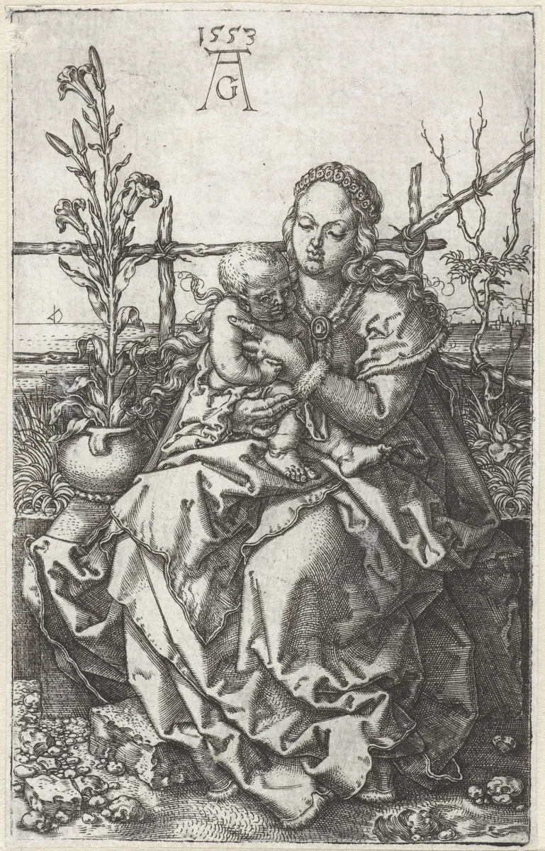 Madonna met kind zittend in een binnenplaats by Unknown, print, 1527