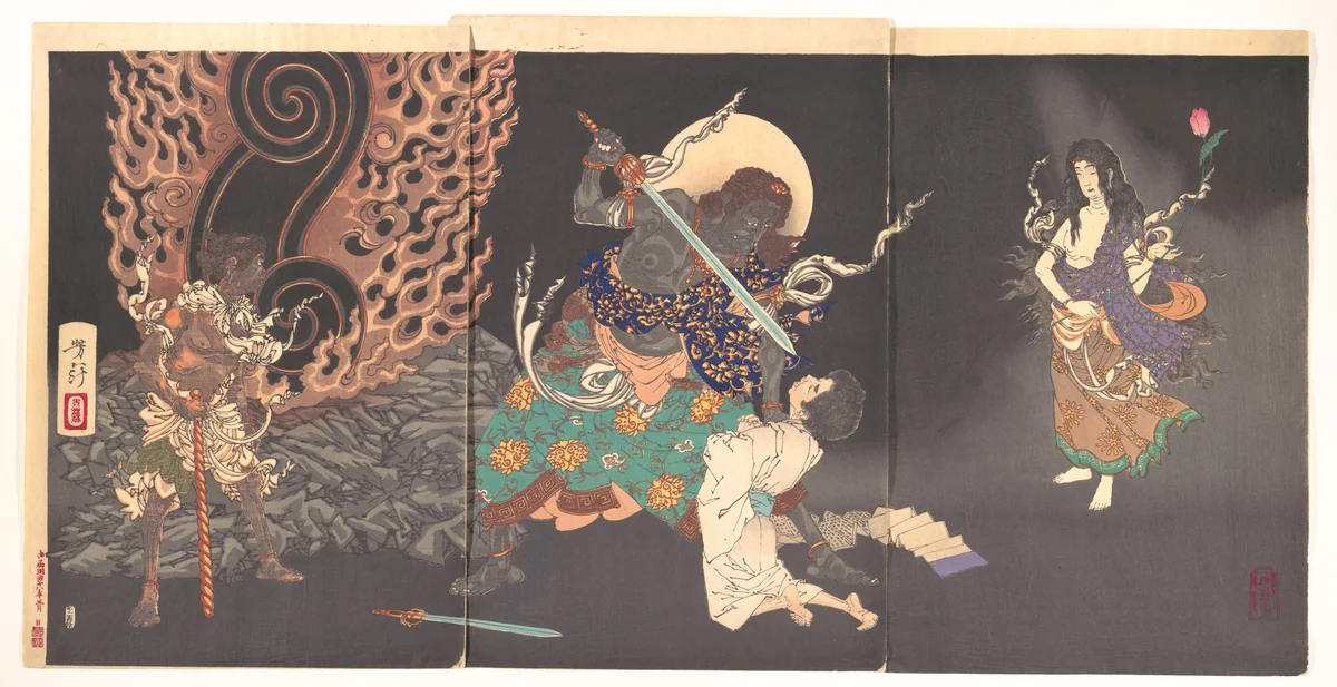 Fudō Myōō Threatening a Novice by Tsukioka Yoshitoshi, print, 1885