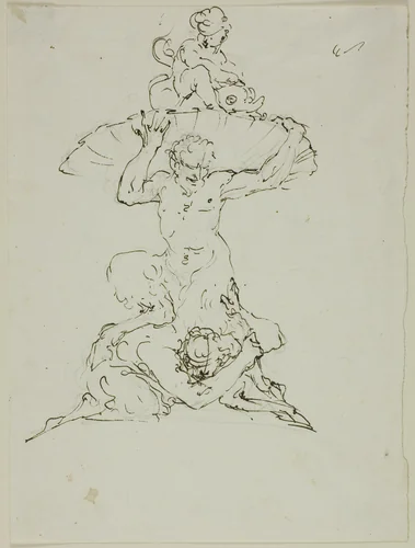 Fountain with Satyr and Putto (recto); Punchinello (verso) by Unknown Artist, drawing, 1700-1799
