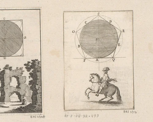 Vijfhoek rond cirkel met onderaan een ruiter te paard by Sébastien Leclerc, print, 1669