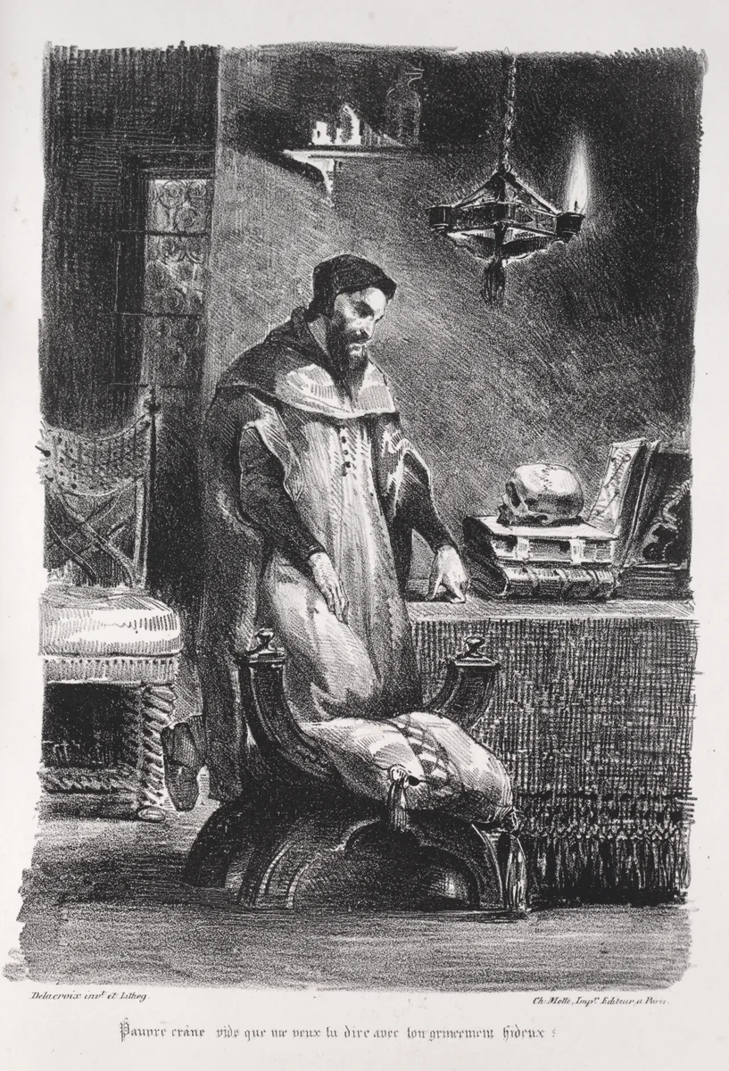 Illustrations for Faust: Faust in his dressing-room by Eugène Delacroix, print, 1828