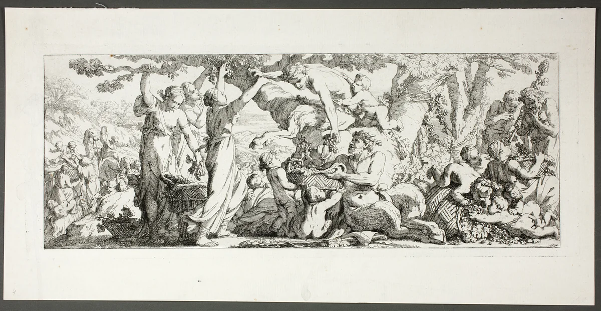 Harvest of Grapes, plate two of four from Le Travaux de la Vendange by Joseph-Marie Vien, print, 1750