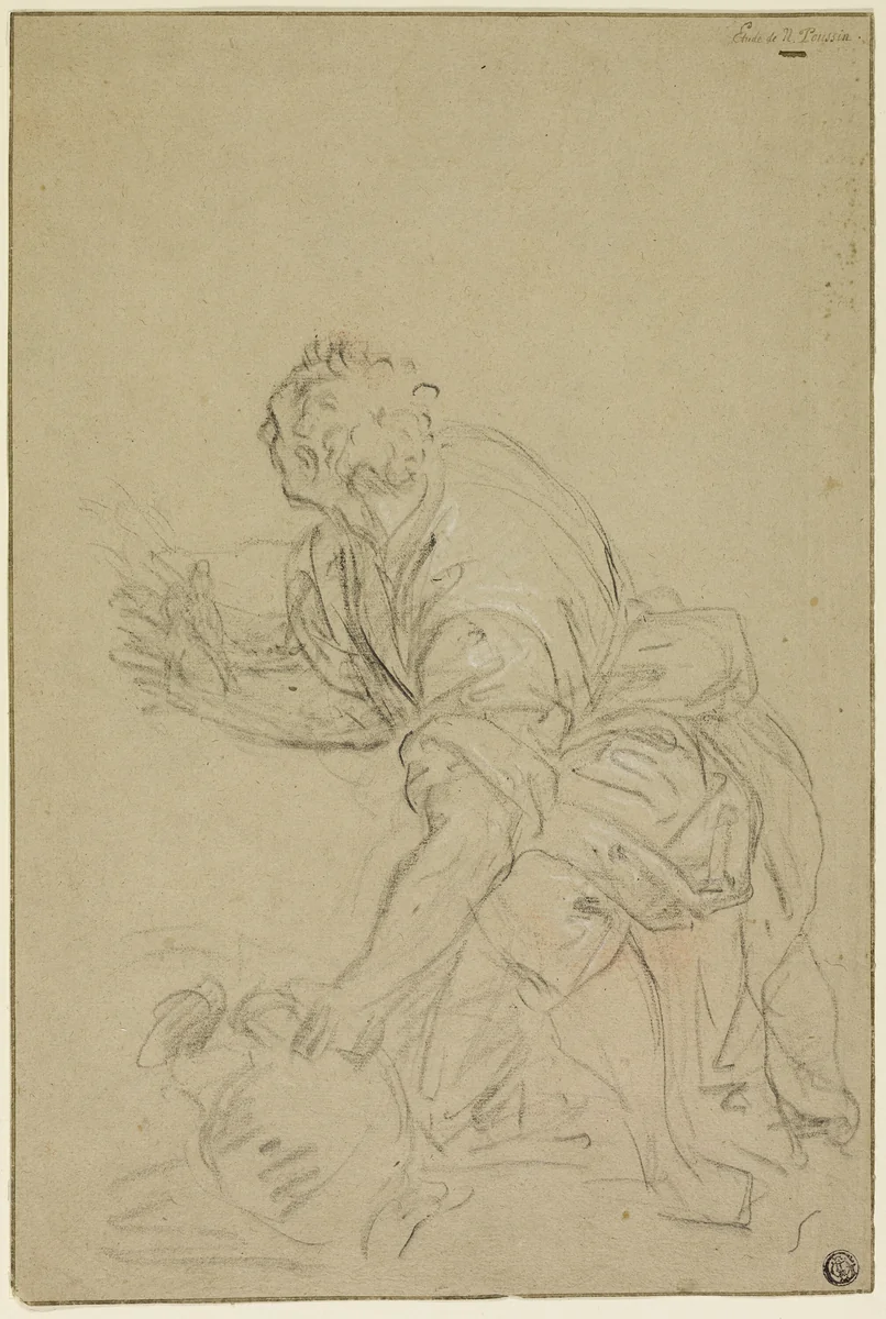 Man Kneeling With Jug (recto); Standing Man (verso) by Nicolas Poussin, drawing, 1614-1665