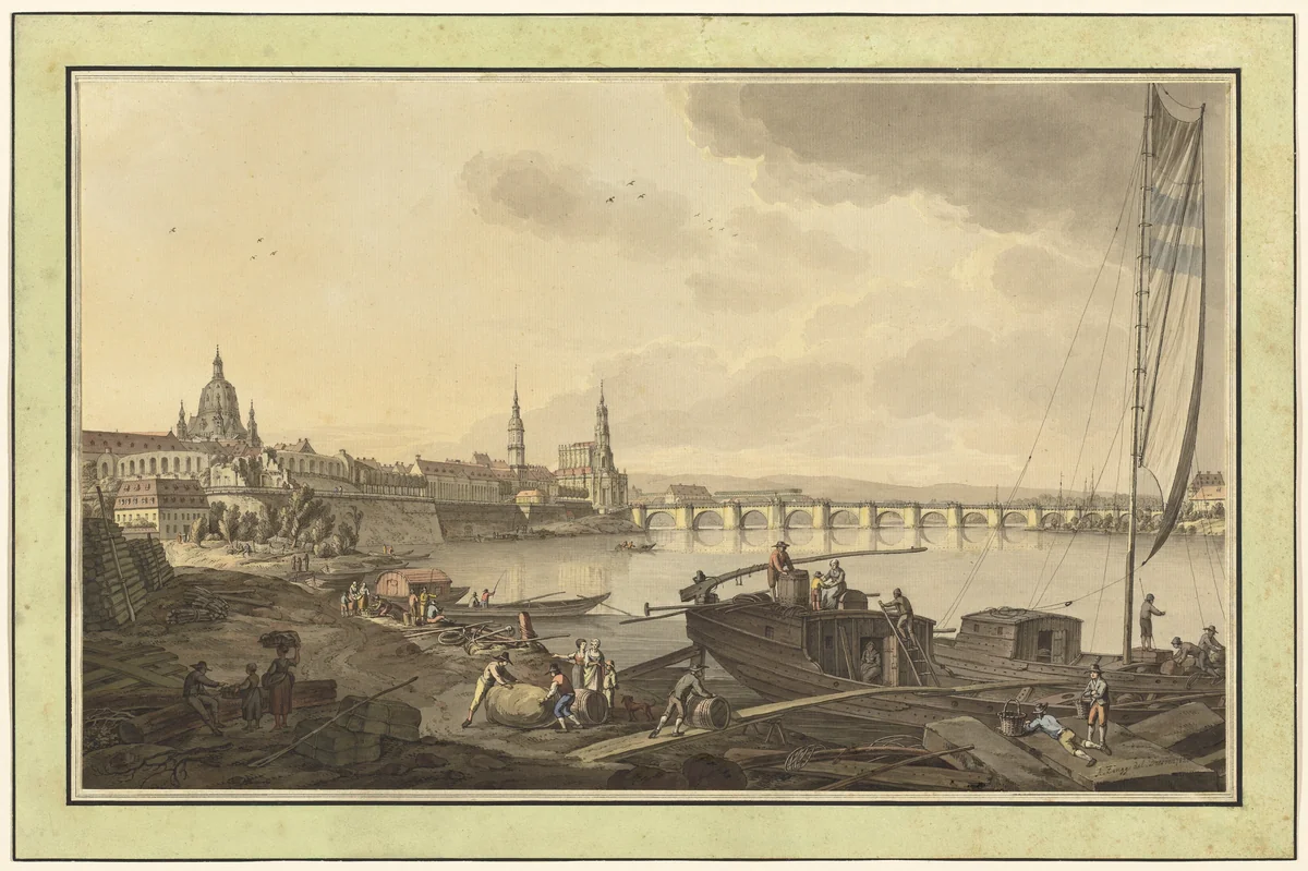 Dresden from the Banks of the Elbe River by Adrian Zingg, drawing, 1782