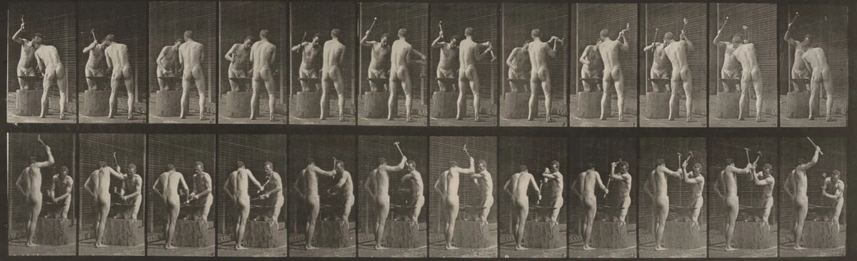 Plate Number 375. Blacksmiths, hammering on anvil by Eadweard Muybridge, photograph, 1887