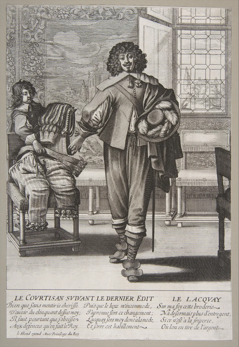 Courtier Following Edict Against Superfluity in Dress by Abraham Bosse, print, 1630-1676