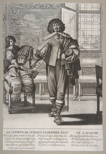 Courtier Following Edict Against Superfluity in Dress by Abraham Bosse, print, 1630-1676