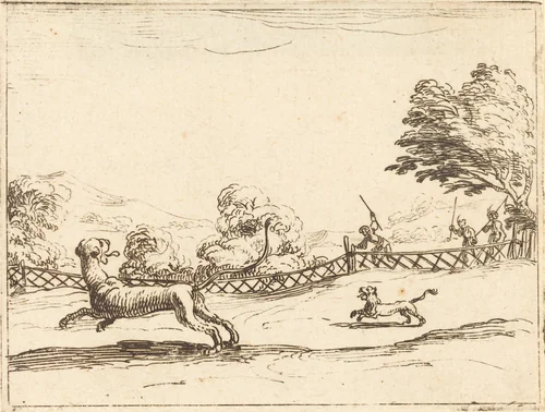 Lioness and Cub Pursued by Hunters by Jacques Callot, print, 1592-1635
