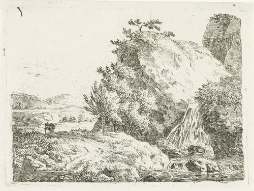 Berglandschap met waterval en wandelaar by Frédéric Théodore Faber, print, 1810-1817