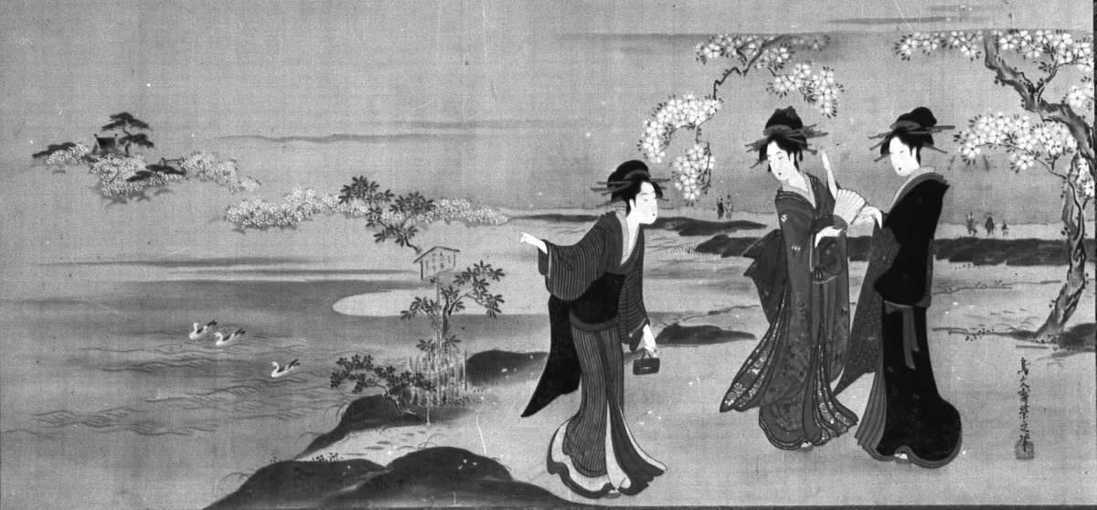 Three Beauties Viewing Cherry Blossoms by Chōbunsai Eishi (鳥文斎栄之), painting, 1767-1829
