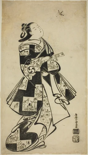 The Actor Nakamura Gentaro as a woman playing battledore and shuttlecock by Torii Kiyomasu I, print, 1704-1718