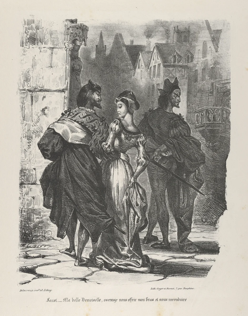 Faust Trying to Seduce Marguerite (Goethe, Faust) by Eugène Delacroix, print, 1825-1827