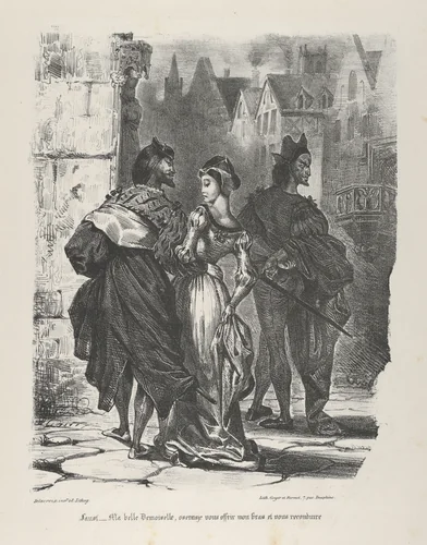 Faust Trying to Seduce Marguerite (Goethe, Faust) by Eugène Delacroix, print, 1825-1827