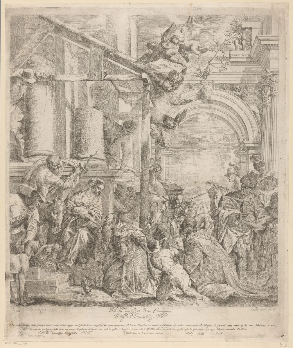 Aanbidding door de koningen by Carlo Sacchi, print, 1679