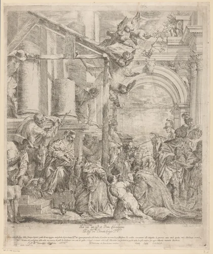Aanbidding door de koningen by Carlo Sacchi, print, 1679