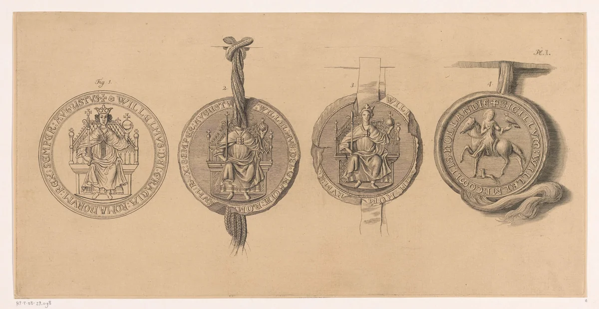 Vier zegels by Pieter de Mare, print, 1768-1796