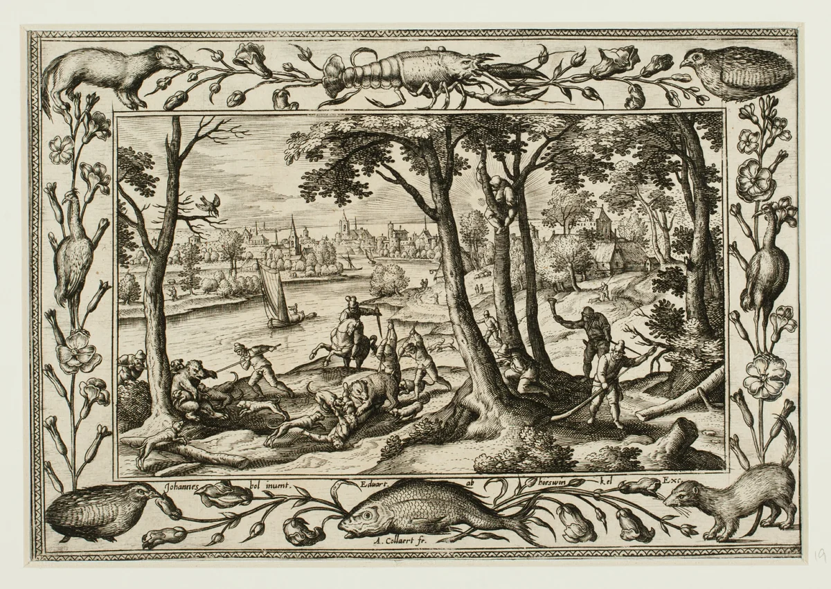 Bear Hunt, from Landscapes with Old and New Testament Scenes and Hunting Scenes by Adriaen Collaert, print, 1584