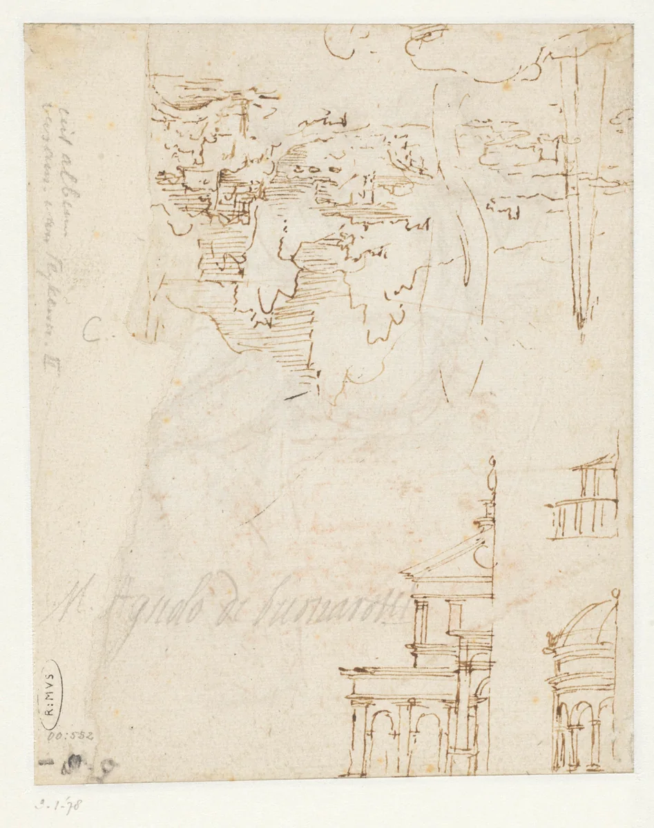 Twee architectuurstudies en een landschap met een obelisk by Unknown, drawing, 1536